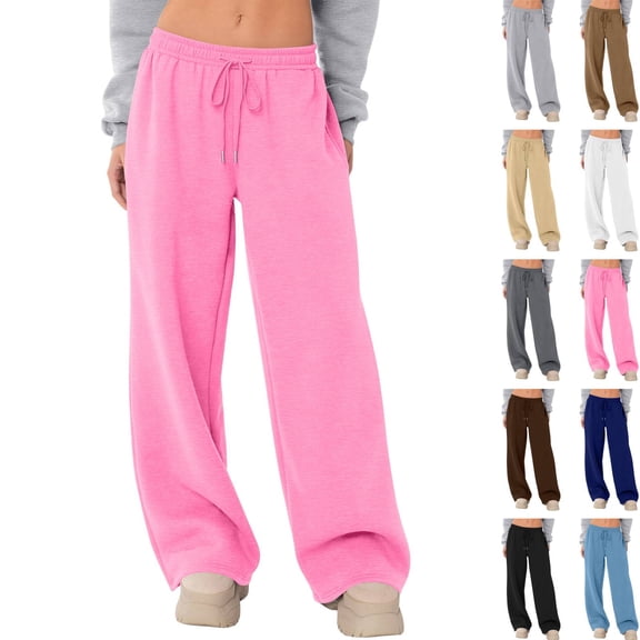 Fleece Pants Women Wide Leg High Waisted Sweatpants Baggy Joggers with Drawstring Cozy Casual Lounge Pants Spring Sweat Pants Pink S