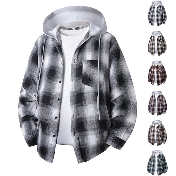 Fleece Plaid Jacket Dqueduo Men's Checkered Flannel Hooded Drawstring Long Sleeve Button Front Chest Pocket Casual Shirt Jacket, Unisex Black XL