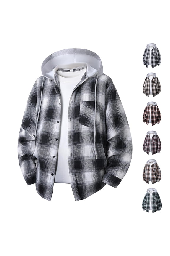 Fleece Plaid Jacket Dqueduo Men's Checkered Flannel Hooded Drawstring Long Sleeve Button Front Chest Pocket Casual Shirt Jacket, Unisex Black XL