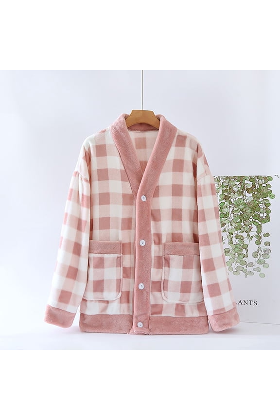 Fleece Plaid Jacket for Womens Button Home Wear Winter Flannel Loungewear Thickened Fuzzy Bed Coat with Pocket New Pinky L