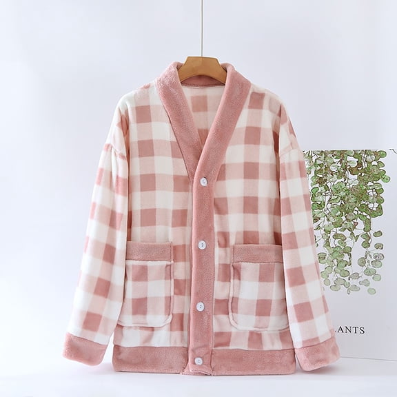 Fleece Plaid Jacket for Womens Button Home Wear Winter Flannel Loungewear Thickened Fuzzy Bed Coat with Pocket New Women's Fuzzy Pajama Tops Pinky L