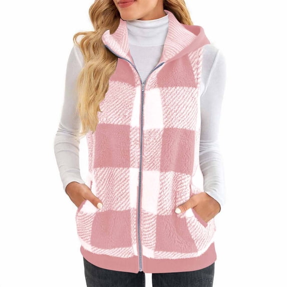 Fleece Plaid Jackets Vests Women Sleeveless Zip-up Hooded Jackets Womens Fall Flannel Plaid Vests with Pockets