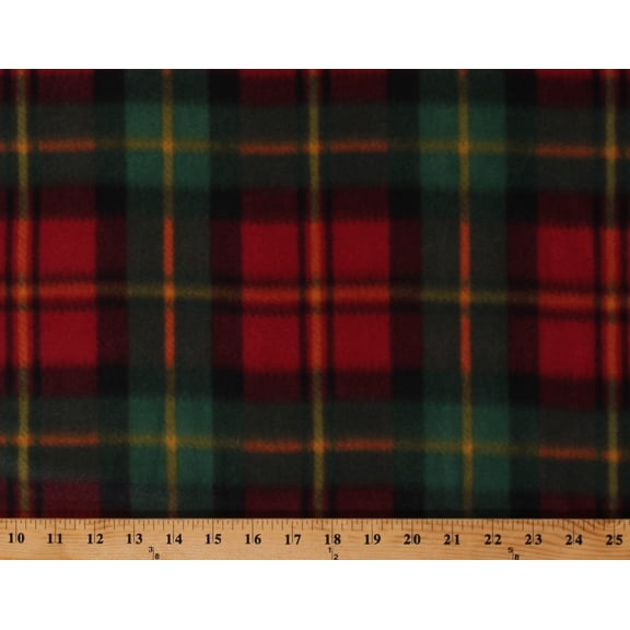 Fleece Plaid Red Green Orange Cozy Checkered Squares Plaids Fleece Fabric Print by the Yard (8142M-12C) (A511.42)