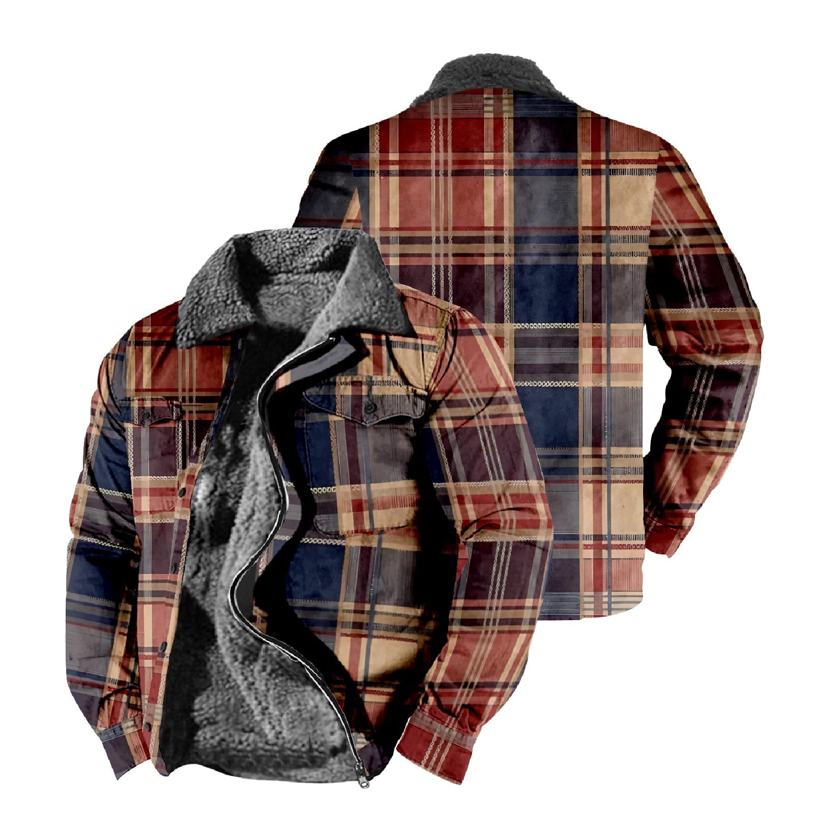 Fleece Plus Size Long Coat Men'S Warm Lined Wool Plaid Shirt Jacket