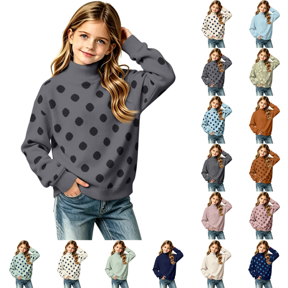 Fleece Polka Dot Sweatshirts Girls Kids Long Sleeve Pullover Tops Mock Neck Warm Fall Coats with Pocket Dark Gray 9-10Y(140)