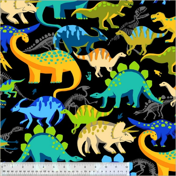 Fleece Dinosaurs Prehistoric Pack Jurassic Animals Kids Black Fleece Fabric Print by the Yard (54212-1)