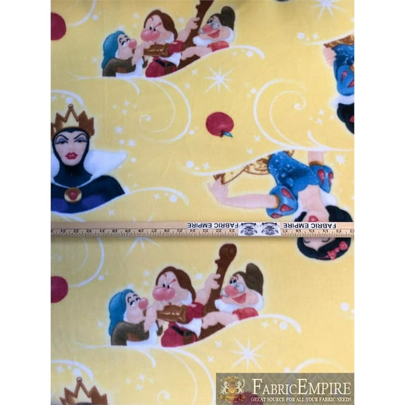 Fleece Printed Antipill Winter Fabric DISNEY PRINCESS SNOW WHITE AND THE SEVEN DWARVES EVIL QUEEN YELLOW BACKGROUND / 58" Wide / Sold by the yard