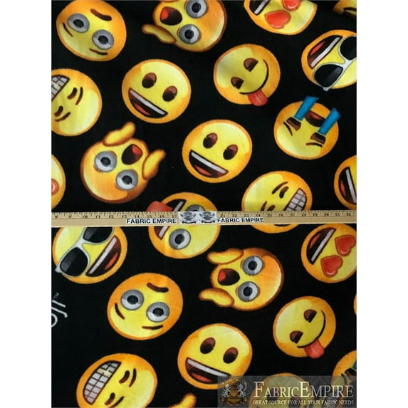 Fleece Printed Antipill Winter Fabric EMOJI ROWS BLACK BACKGROUND / 58" Wide / Sold by the yard
