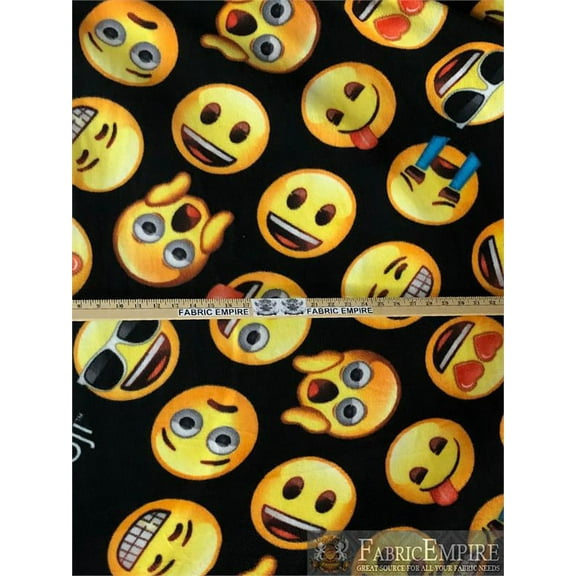 Fleece Printed Antipill Winter Fabric EMOJI ROWS BLACK BACKGROUND / 58" Wide / Sold by the yard