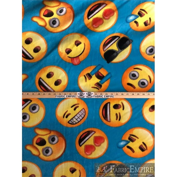 Fleece Printed Antipill Winter Fabric EMOJI ROWS BLUE BACKGROUND / 58" Wide / Sold by the yard