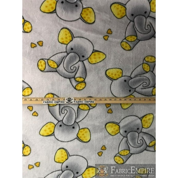 Fleece Printed Antipill Winter Fabric GRAY ELEPHANTS YELLOW HEARTS / 58" Wide / Sold by the yard