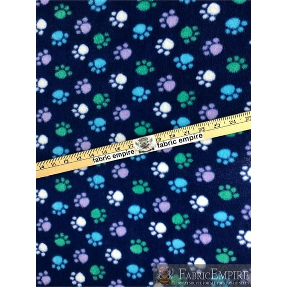Fleece Printed Antipill Winter Fabric WHITE PURPLE GREEN BLUE PAWPRINT BLUE BACKGROUND / 58" Wide / Sold by the yard