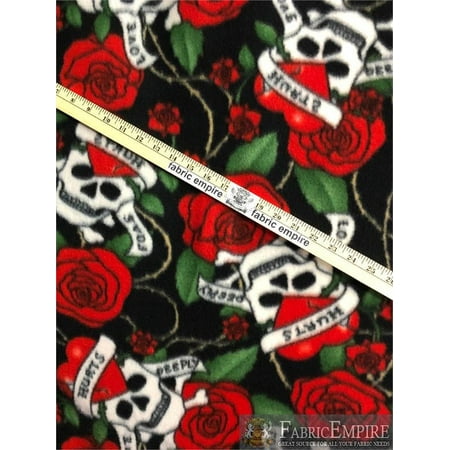 Fleece Printed Fabric LOVE HURTS DEEPLY SKULL HEARTS AND ROSES / 58" Wide / Sold by the yard / N-537