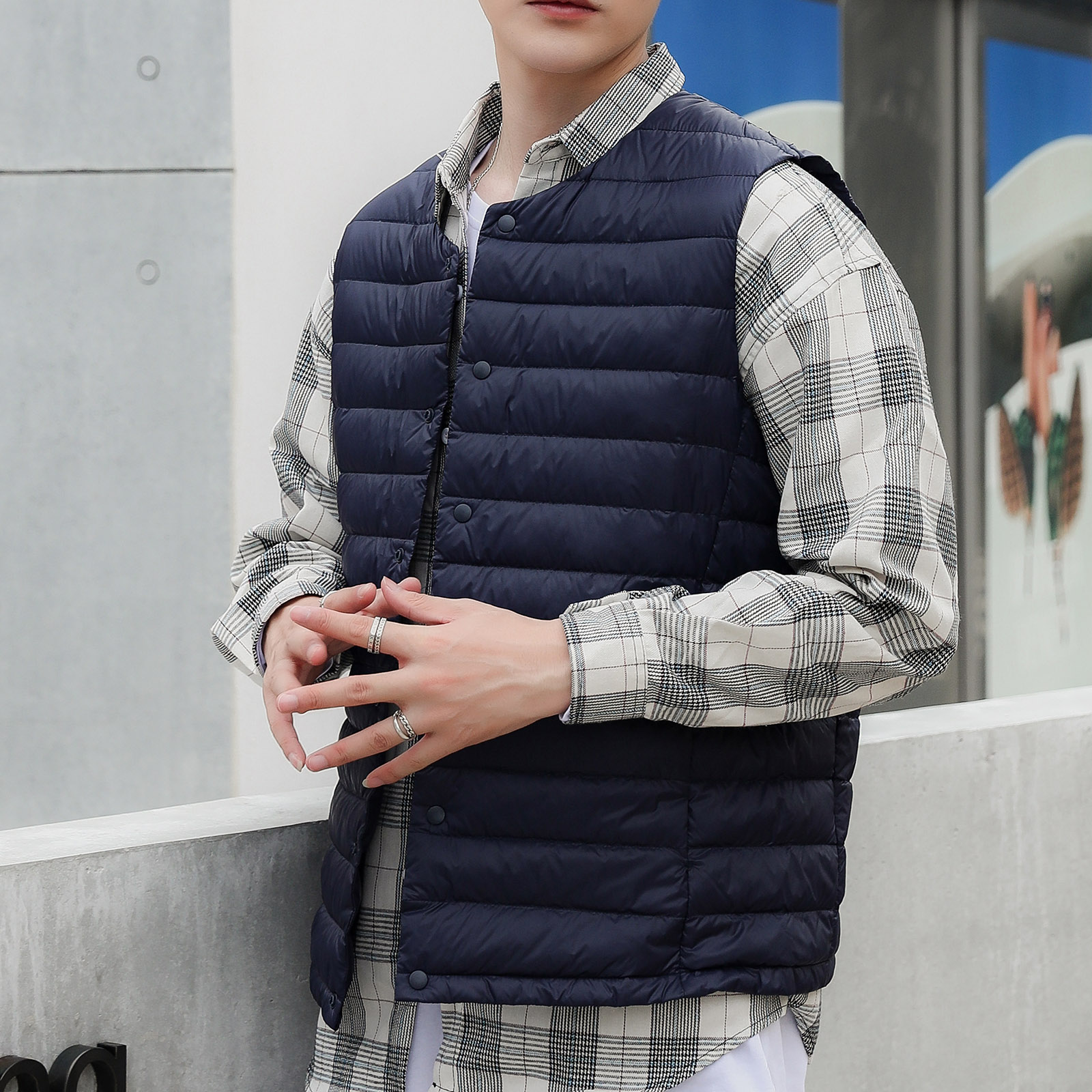 Fleece Puffer Jacket Black Men's Round Neck Down Vest Jacket Coat