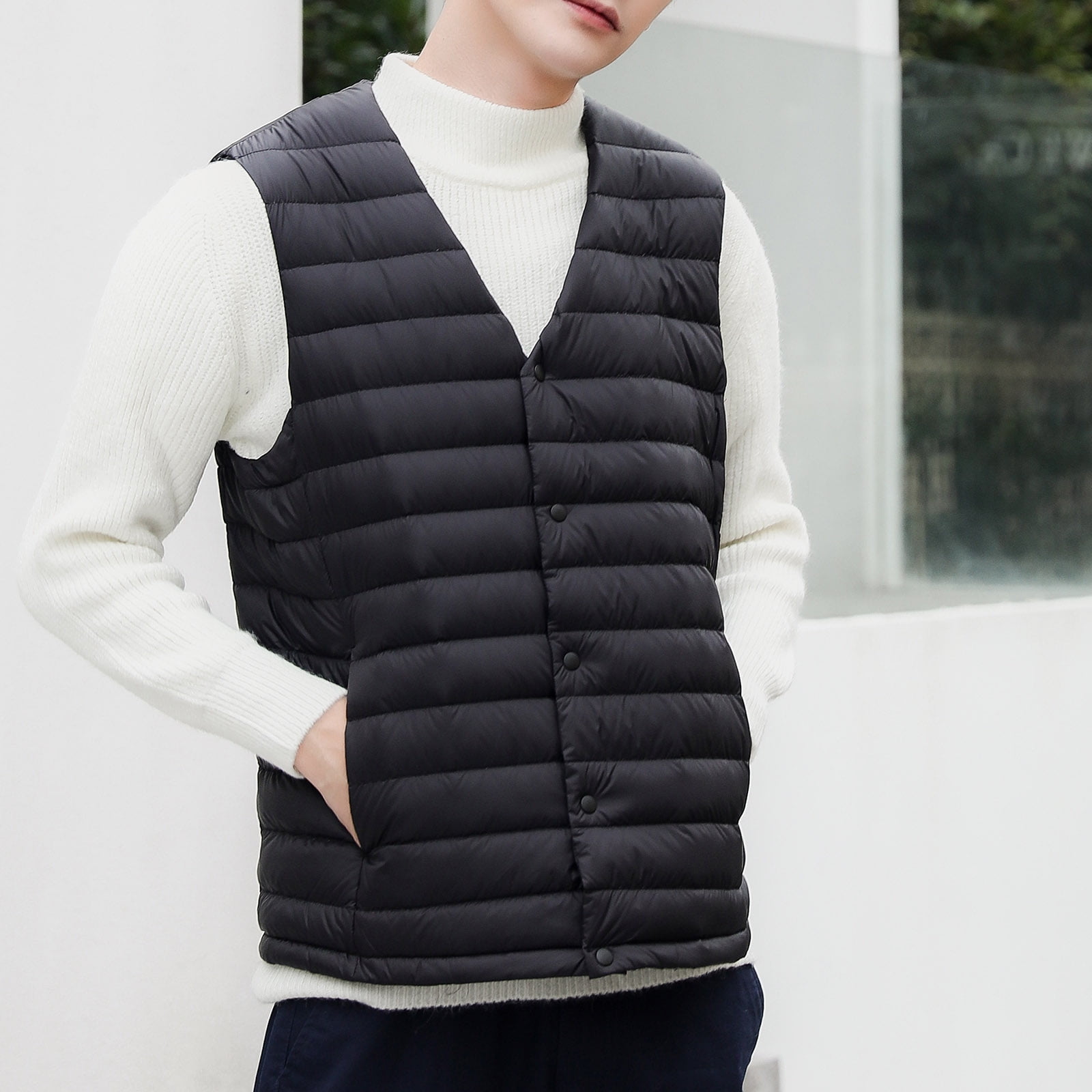 Fleece Puffer Jacket Black Men's Round Neck Down Vest Jacket Coat