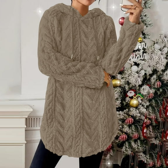 Fleece Pullover Hoodies Women Fuzzy Long Sleeve Drawstring Hooded Oversized Sweatshirts Textured Cable Knit Cozy Sweaters Soft Comfy Pajamas Loose Casual Fall Winter Clothes