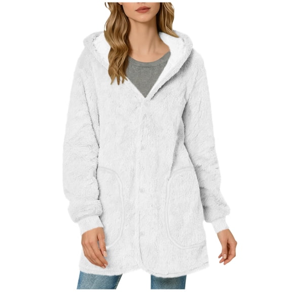 Fleece Pullover Hoodies for Women, Loose Button down Hooded Sweaters, Mid-Length Solid Color Warm Coats for Winter