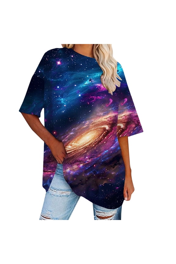 Fleece Pullover Women Drop Shoulder Short Sleeve Celestial Starry Sky Print Beach Outfits for Women,Purple,S