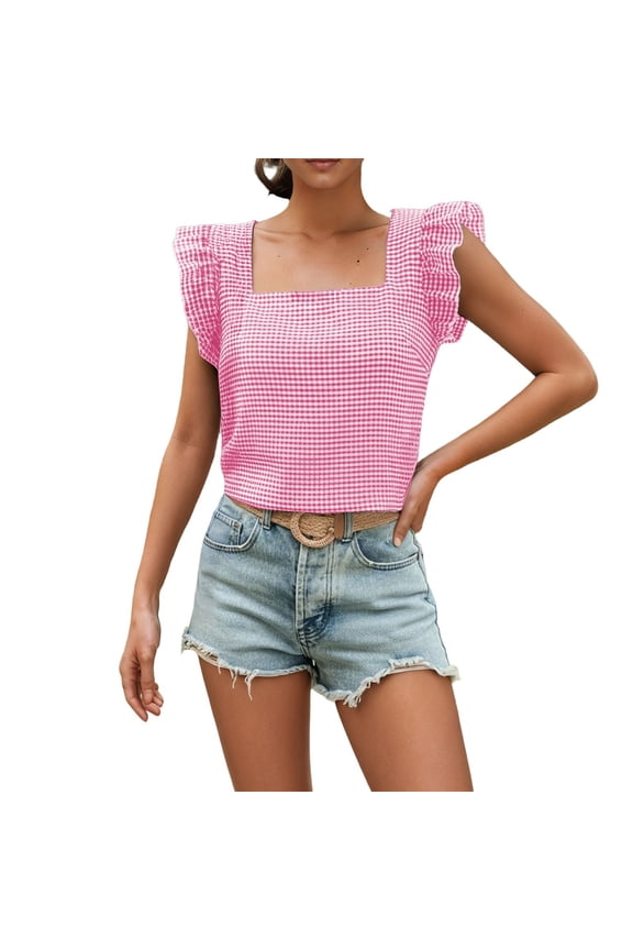 Pullover Women Fashion Plaid Square Neck Ruffle Hem Womens Blouse,Pink,S