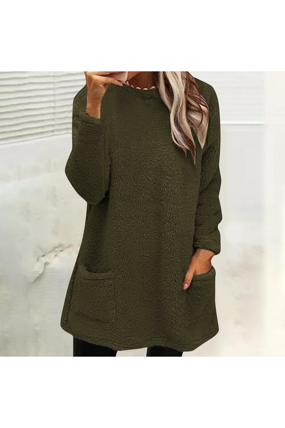 Fleece Pullover Women Fuzzy Cozy Sweaters For Women Crew Neck Sweatshirts Thermal Warm Oversized Tops With Pockets Army Green M