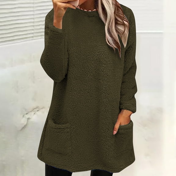 Fleece Pullover Women Fuzzy Cozy Sweaters For Women Crew Neck Sweatshirts Thermal Warm Oversized Tops With Pockets Army Green XL