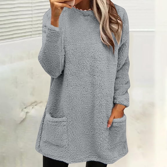 Fleece Pullover Women Fuzzy Cozy Sweaters For Women Crew Neck Sweatshirts Thermal Warm Oversized Tops With Pockets Light Gray XL