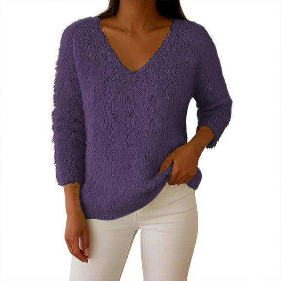 Fleece Pullover Women Fuzzy Cozy Sweaters for Women V Neck Sweatshirts Thermal Warm Oversized Tops