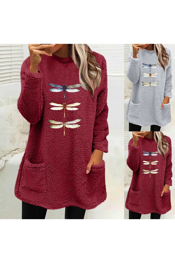 Fleece Pullover Women Graphic Sweater Warm Soft Comfortable Sweatshirts Long Sleeve Crewneck Cozy Tops Thermal Oversized Loose Fit Lounge Pajama Homewear Winter Clothes for Cold Weather with Pockets