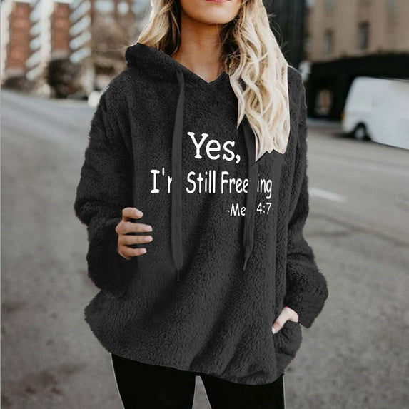 Fleece Pullover Women Hoodies Thermal Lightweight Graphic Sweatshirts Soft Comfy Oversized Pajamas Fuzzy Teddy Bear Sweaters Long Sleeve Crew Neck Cold Weather Tosp Fall Winter Clothes with Pockets