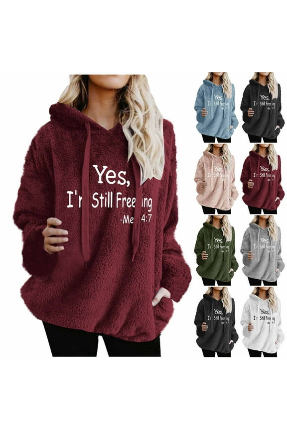 Fleece Pullover Women Hoodies Thermal Lightweight Graphic Sweatshirts Soft Comfy Oversized Pajamas Fuzzy Teddy Bear Sweaters Long Sleeve Crew Neck Cold Weather Tosp Fall Winter Clothes with Pockets