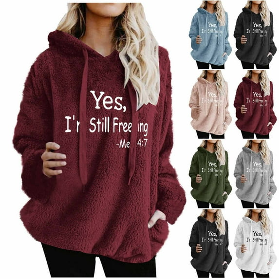 Fleece Pullover Women Hoodies Thermal Lightweight Graphic Sweatshirts Soft Comfy Oversized Pajamas Fuzzy Teddy Bear Sweaters Long Sleeve Crew Neck Cold Weather Tosp Fall Winter Clothes with Pockets