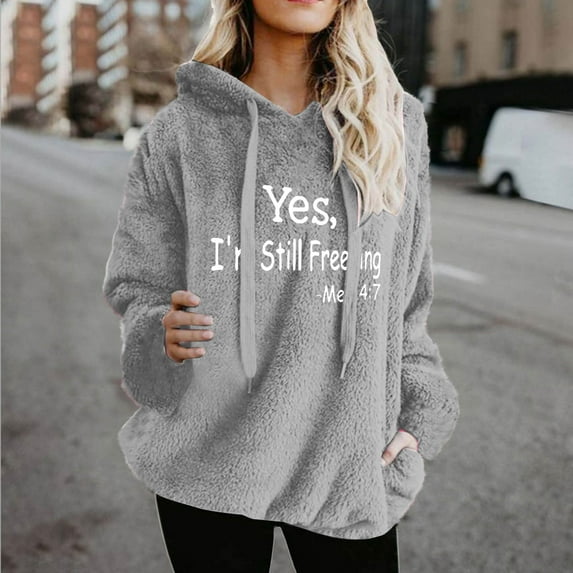 Fleece Pullover Women Hoodies Thermal Lightweight Graphic Sweatshirts Soft Comfy Oversized Pajamas Fuzzy Teddy Bear Sweaters Long Sleeve Crew Neck Cold Weather Tosp Fall Winter Clothes with Pockets