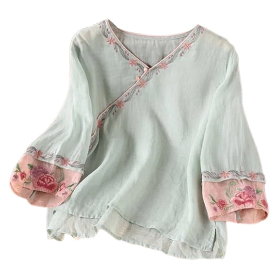 Fleece Pullover Women Literary Loose Retro Short Sleeve Beach Clothes for Women,Green,XL