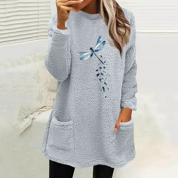 Fleece Pullover Women Thermal Lightweight Graphic Sweatshirts Soft Comfy Oversized Pajamas Fuzzy Teddy Bear Sweaters Long Sleeve Crew Neck Cold Weather Tosp Fall Winter Clothes 2025 with Pockets