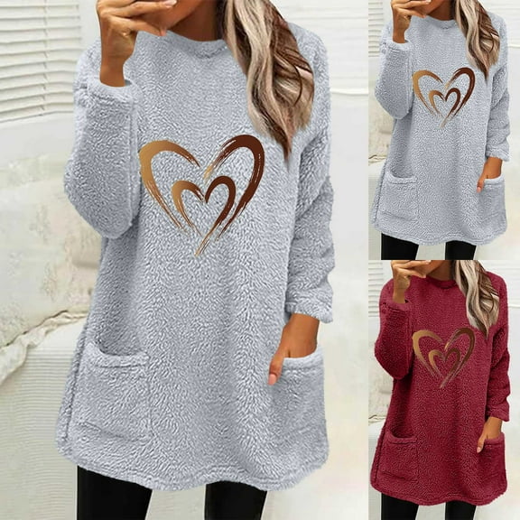 Fleece Pullover Women Thermal Lightweight Sweatshirts Heart Graphic Soft Comfy Oversized Pajamas Fuzzy Teddy Bear Sweaters Long Sleeve Crewneck Cold Weather Tosp Fall Winter Clothes 2025 with Pockets