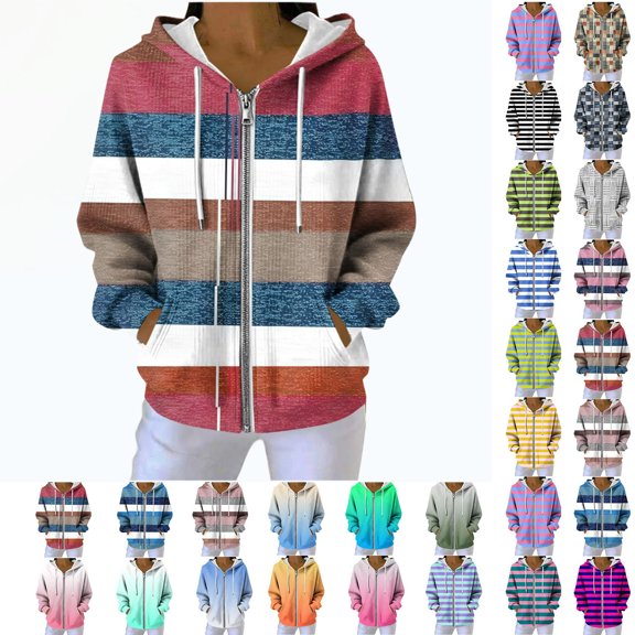 Fleece Pullover Women, Women's Print Hooded Sweatshirt, Drawstring Zip Up Hoodie with Pockets, Casual Winter Fleece Lined Warm Comfy Soft Sweatshirts Hoodie Jacket