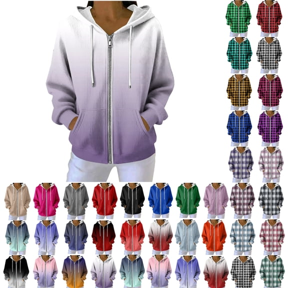Fleece Pullover Women, Women's Print Hooded Sweatshirt, Drawstring Zip Up Hoodie with Pockets, Casual Winter Fleece Lined Warm Comfy Soft Sweatshirts Hoodie Jacket