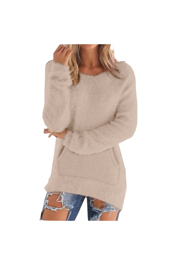 Fleece Pullover Women, Yigetop Womens Casual Solid Long Sleeve Jumper Sweaters Blouse Fleece Sweater Women Khaki M