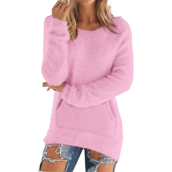 Fleece Pullover Women, Yigetop Womens Casual Solid Long Sleeve Jumper Sweaters Blouse Fleece Sweater Women Pink S