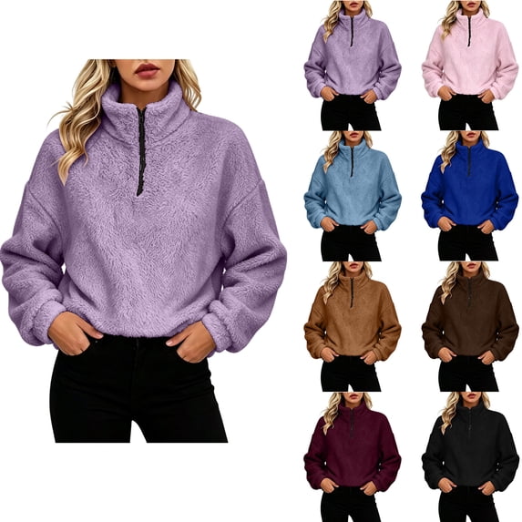 Fleece Pullover Women Zaewscy Ladies' Casual And Fashionable Round Neck Long Sleeved Solid Color Zipper Top Purple M