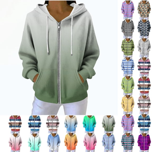 Fleece Pullover Women's Gradient Print Hooded Sweatshirt, Drawstring Zip Up Hoodie with Pockets, Casual Winter Fleece Lined Warm Comfy Soft Sweatshirts Hoodie Jacket