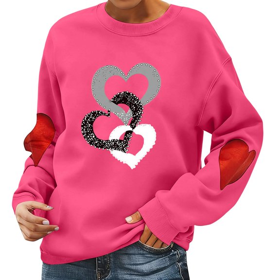 Women's Valentine Pullover Love Heart Crewneck Warm Shirts Long Sleeve Comfy Valentine's Day Tops Hot Pink S