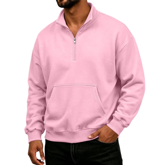 Fleece Quarter Zip Sweatshirt for Men Long Sleeve Stand Collar Solid Pullover Trendy Fall Winter Casual Warm Comfy Top with Pocket Pink M