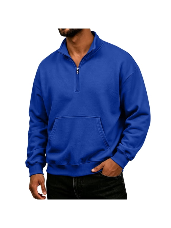 Fleece Quarter Zip Sweatshirt for Men Long Sleeve Stand Collar Solid Pullover Trendy Fall Winter Casual Warm Comfy Top with Pocket Royal Blue S