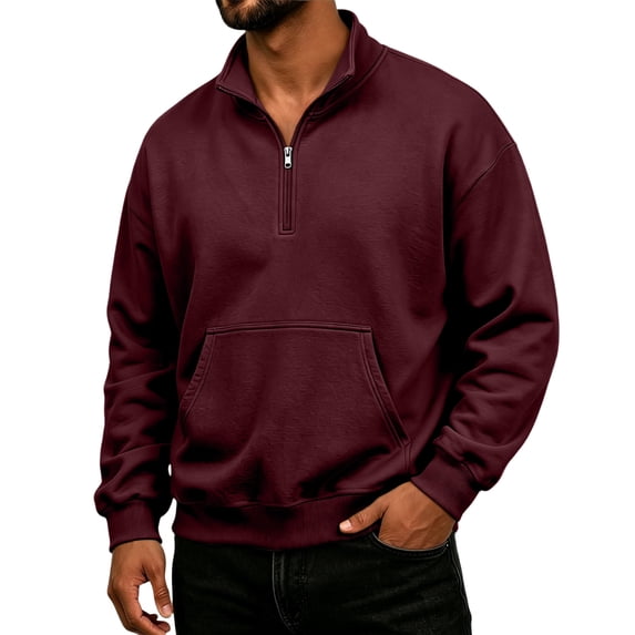 Fleece Quarter Zip Sweatshirt for Men Long Sleeve Stand Collar Solid Pullover Trendy Fall Winter Casual Warm Comfy Top with Pocket Wine L