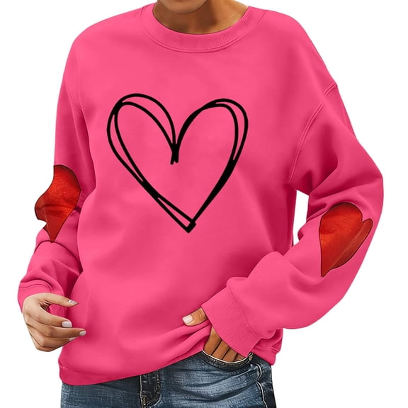 Valentine Sweatshirts for Women Love Heart Crewneck Spring Pullover Long Sleeve Warm Valentines the Day Tops Hot Pink 2XL
