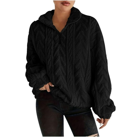 Fleece Quarter Zip Women Oversized Cable Knit Cozy Fuzzy Pullover Sweaters Long Sleeve Soft Half Zip Sweatshirt Black S