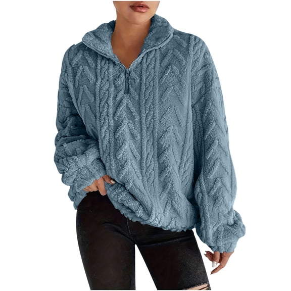 Fleece Quarter Zip Women Oversized Cable Knit Cozy Fuzzy Pullover Sweaters Long Sleeve Soft Half Zip Sweatshirt Blue S