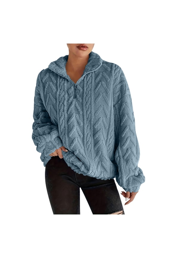 Fleece Quarter Zip Women Oversized Cable Knit Cozy Fuzzy Pullover Sweaters Long Sleeve Soft Half Zip Sweatshirt Blue S