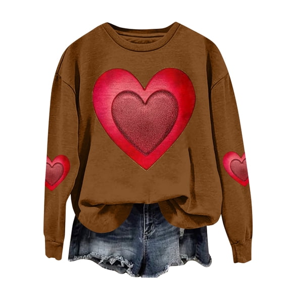 Valentines Pullover for Women Love Heart Crewneck Casual Sweatshirts Long Sleeve Warm Valentines the Day Tops Brown L